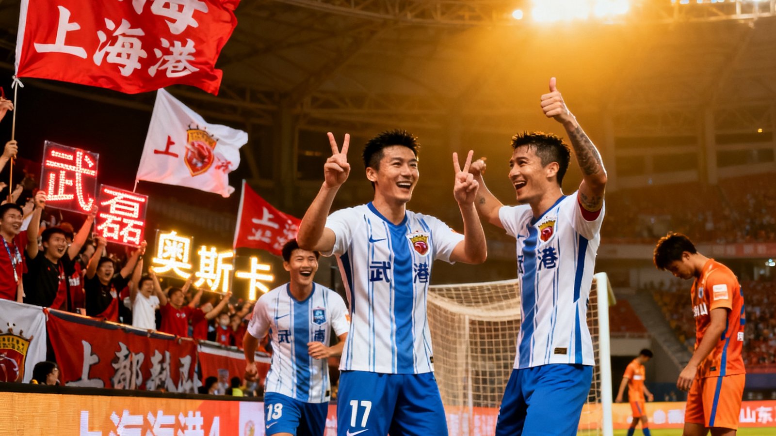 中超战报：上海海港4-1大胜山东泰山，武磊梅开二度并助攻奥斯卡，主队球迷挥舞旗帜